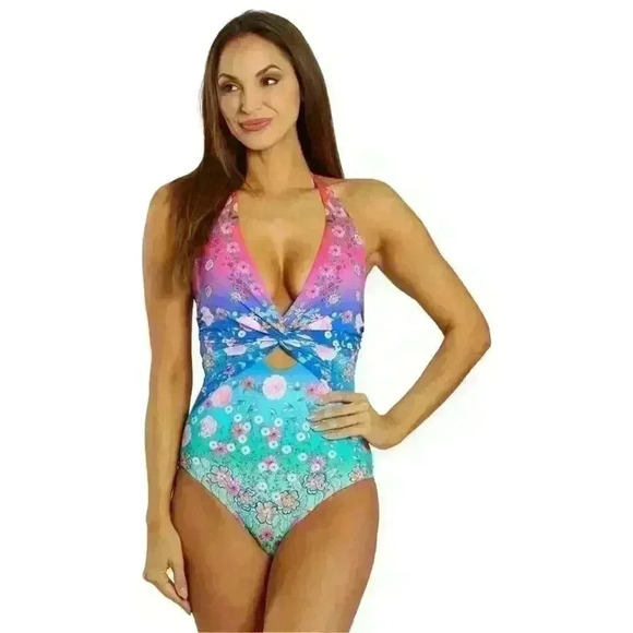 Johnny Was Color Blast Twist Keyhole One Piece Swimsuit, Size Medium Retails $27 - Picture 1 of 5